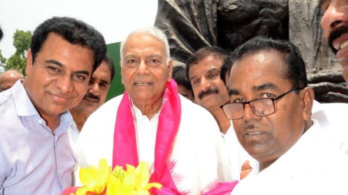 TRS party Minister KTR along with party MPs extend support to Opposition candidate Yashwant Sinha after he filed his nomination papers for presidential election at the Parliament House in New Delhi on Monday, 27 Jun 2022.  (DC Photo)